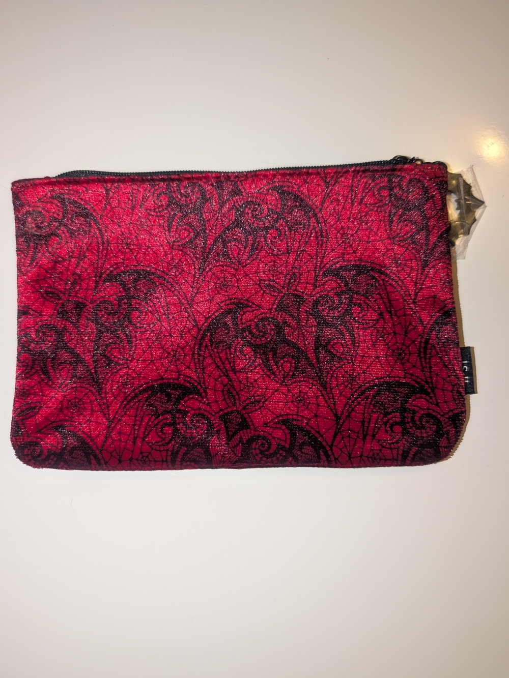 $5 IPSY HALLOWEEN BAT Stylish Red Velvet Zip Pouch with Black Lace Pattern